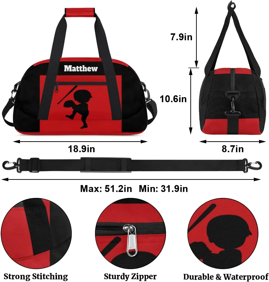 Custom Sports Baseball Gym Duffel Bag for Boys, Personalized Gym Bag Sports Travel Bag Tote Training Carry On Weekend Sports Travel Bag, Cute Kids Baseball Silhouette