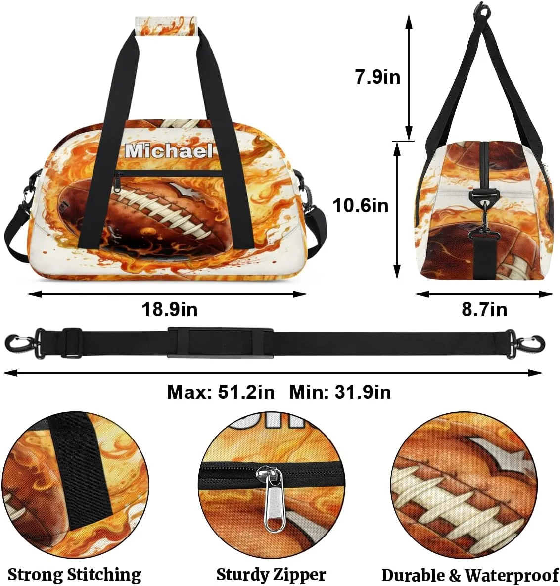 Custom Sports Football Gym Bag for Girls, Personalized Name Sport Duffel Bag Outdoor Sleepover Weekender Bags Carry On Travel Duffel Training Bag, Creative Football with Fire