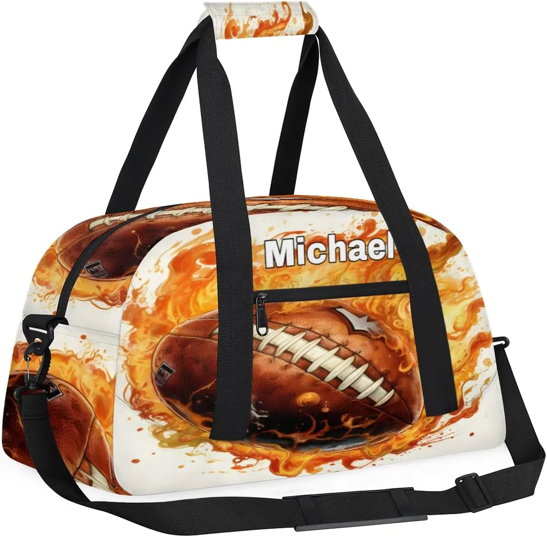 Custom Sports Football Gym Bag for Girls, Personalized Name Sport Duffel Bag Outdoor Sleepover Weekender Bags Carry On Travel Duffel Training Bag, Creative Football with Fire