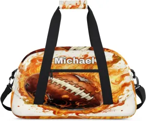 Custom Sports Football Gym Bag for Girls, Personalized Name Sport Duffel Bag Outdoor Sleepover Weekender Bags Carry On Travel Duffel Training Bag, Creative Football with Fire