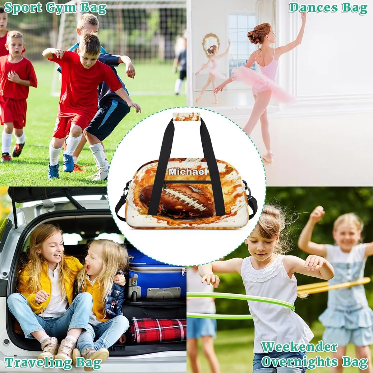 Custom Sports Football Gym Bag for Girls, Personalized Name Sport Duffel Bag Outdoor Sleepover Weekender Bags Carry On Travel Duffel Training Bag, Creative Football with Fire