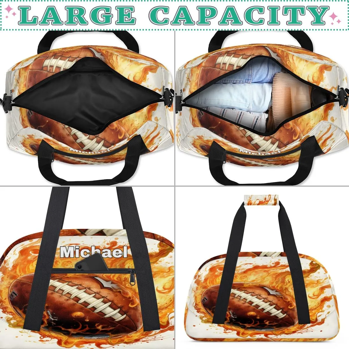 Custom Sports Football Gym Bag for Girls, Personalized Name Sport Duffel Bag Outdoor Sleepover Weekender Bags Carry On Travel Duffel Training Bag, Creative Football with Fire