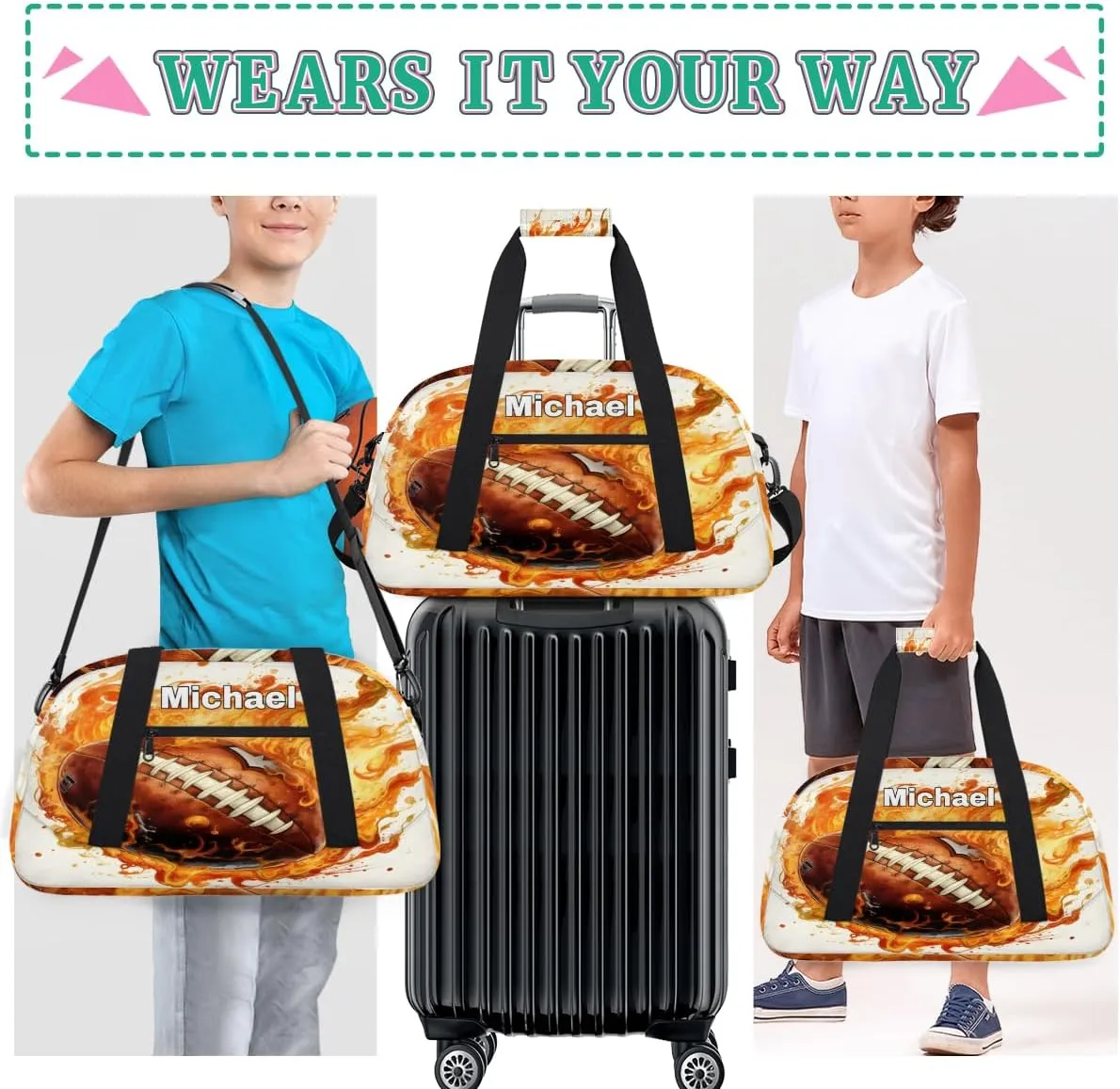 Custom Sports Football Gym Bag for Girls, Personalized Name Sport Duffel Bag Outdoor Sleepover Weekender Bags Carry On Travel Duffel Training Bag, Creative Football with Fire