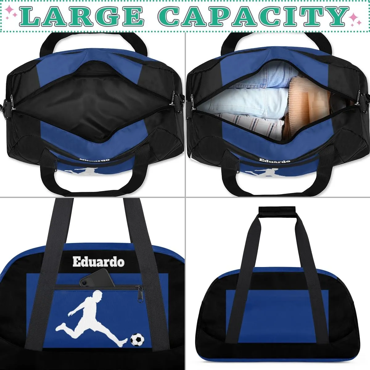 Custom Sports Gym Football Duffel Bag for Boys, Personalized Gym Bag Sports Travel Bag Tote Training Carry On Weekend Sports Travel Bag, Playing Soccer Blue and Black Background