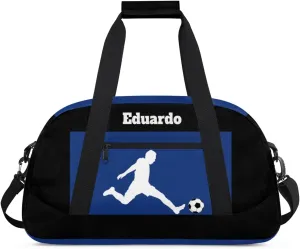 Custom Sports Gym Football Duffel Bag for Boys, Personalized Gym Bag Sports Travel Bag Tote Training Carry On Weekend Sports Travel Bag, Playing Soccer Blue and Black Background