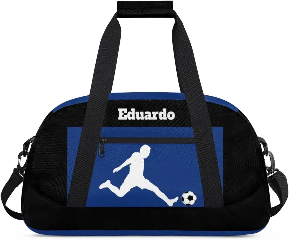Custom Sports Gym Football Duffel Bag for Boys, Personalized Gym Bag Sports Travel Bag Tote Training Carry On Weekend Sports Travel Bag, Playing Soccer Blue and Black Background