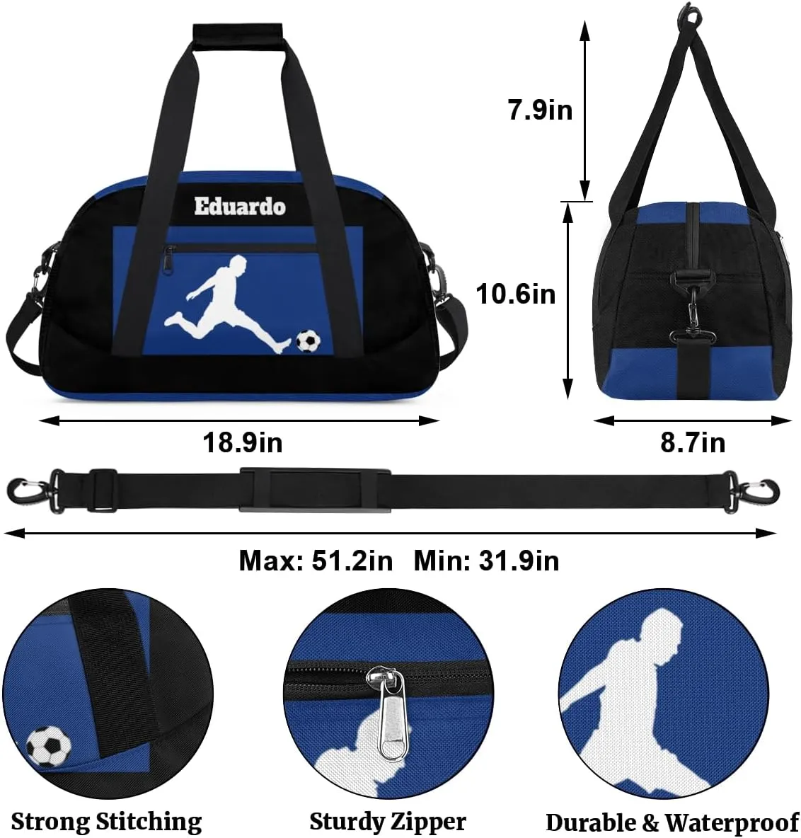 Custom Sports Gym Football Duffel Bag for Boys, Personalized Gym Bag Sports Travel Bag Tote Training Carry On Weekend Sports Travel Bag, Playing Soccer Blue and Black Background