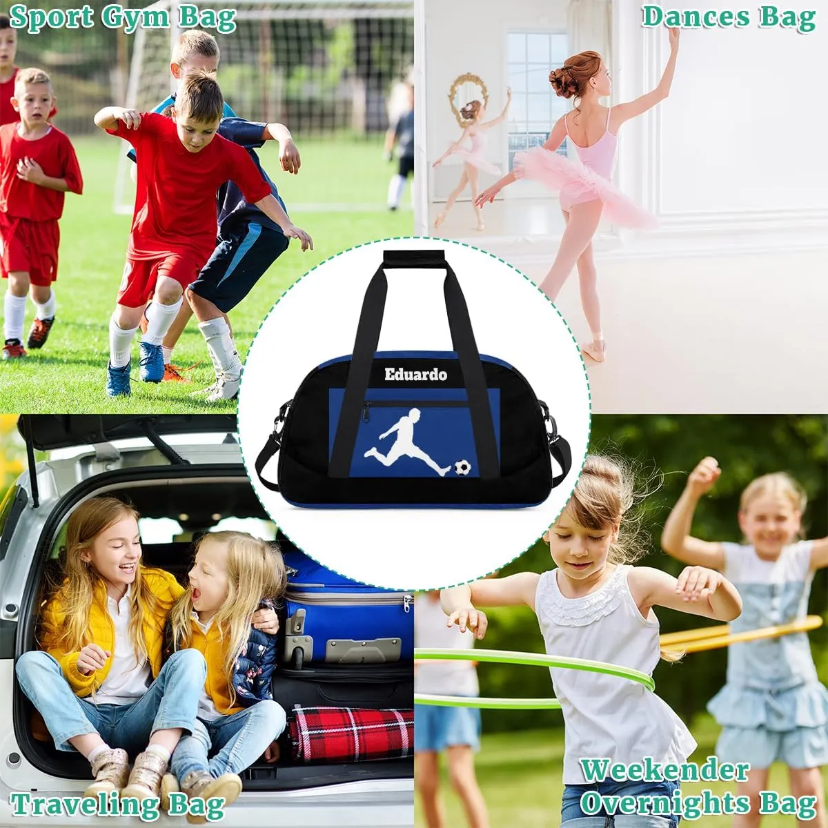 Custom Sports Gym Football Duffel Bag for Boys, Personalized Gym Bag Sports Travel Bag Tote Training Carry On Weekend Sports Travel Bag, Playing Soccer Blue and Black Background