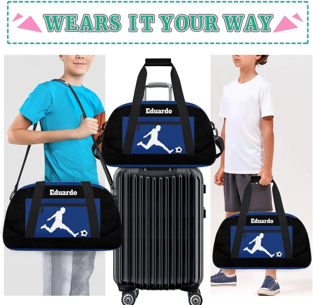 Custom Sports Gym Football Duffel Bag for Boys, Personalized Gym Bag Sports Travel Bag Tote Training Carry On Weekend Sports Travel Bag, Playing Soccer Blue and Black Background