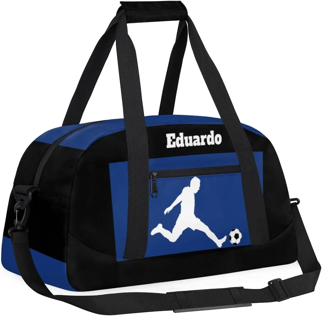 Custom Sports Gym Football Duffel Bag for Boys, Personalized Gym Bag Sports Travel Bag Tote Training Carry On Weekend Sports Travel Bag, Playing Soccer Blue and Black Background