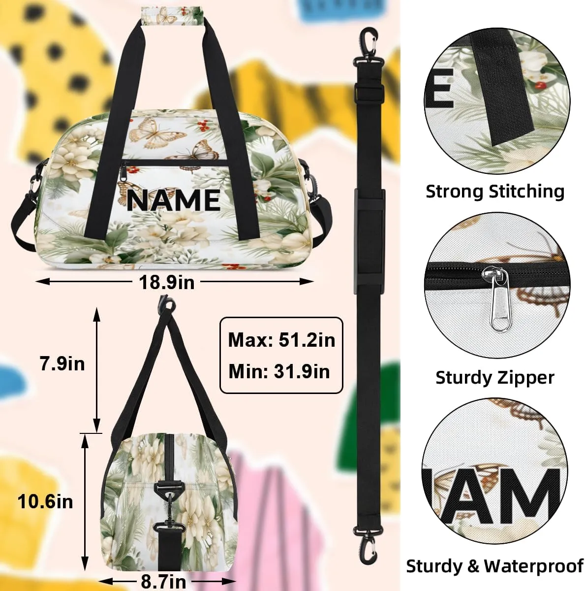Custom Spring Small Gym Bag 18 inch for Women Men Personalized Flower Carry On Overnight Weekender Bag for Travel Work Dance Sport