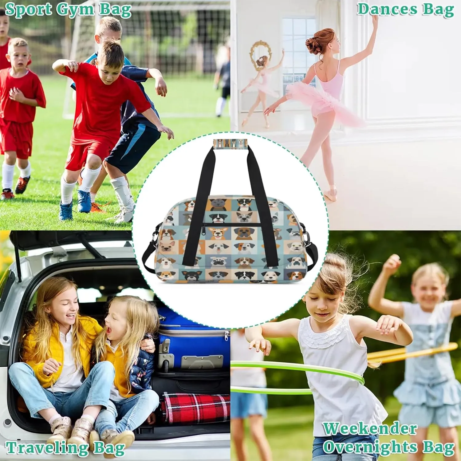 Cute Animal Dogs Puppy Gym Bag for Women Men, Sports Travel Duffel Bag Lightweight Workout Bag Carry On Overnight Weekender Bag