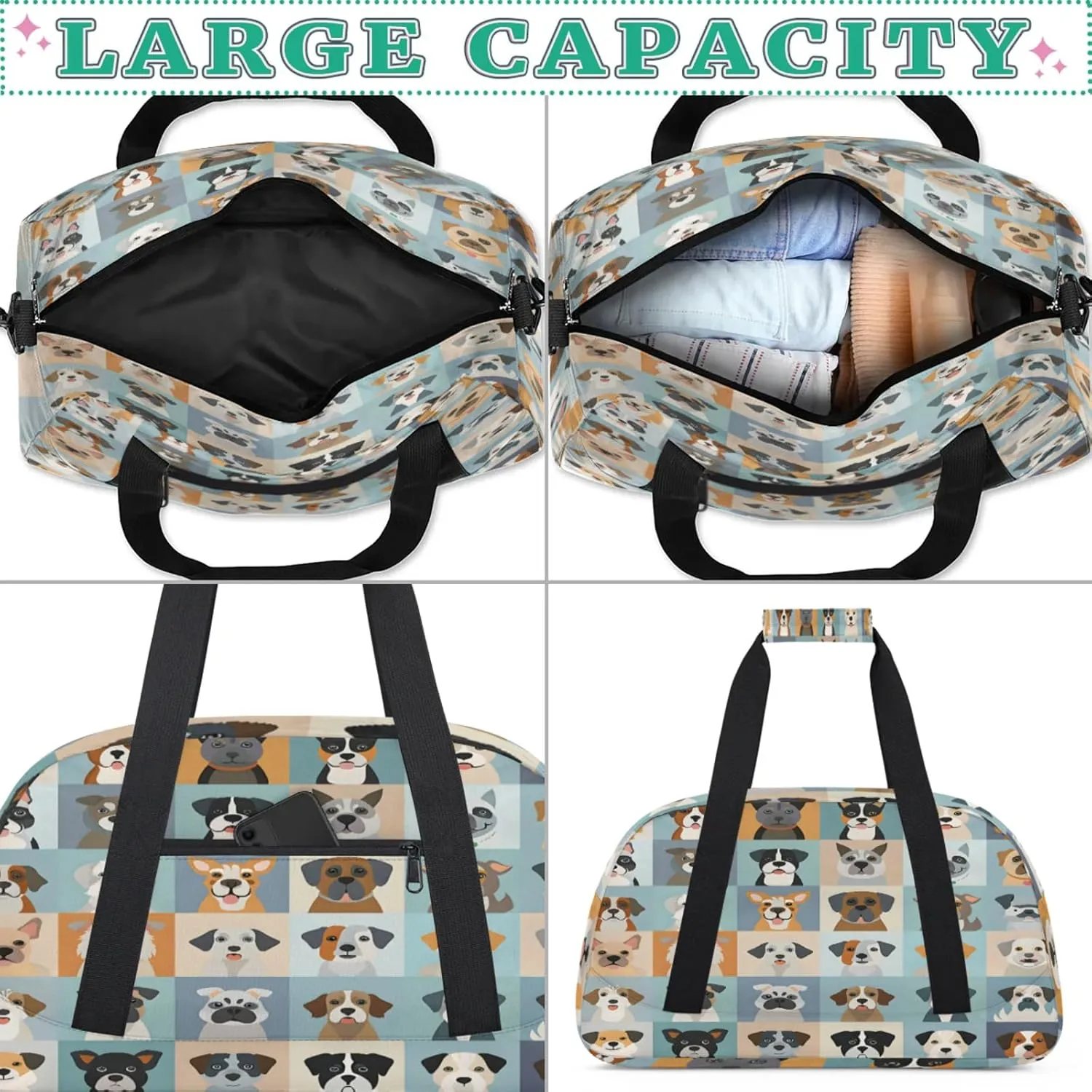 Cute Animal Dogs Puppy Gym Bag for Women Men, Sports Travel Duffel Bag Lightweight Workout Bag Carry On Overnight Weekender Bag