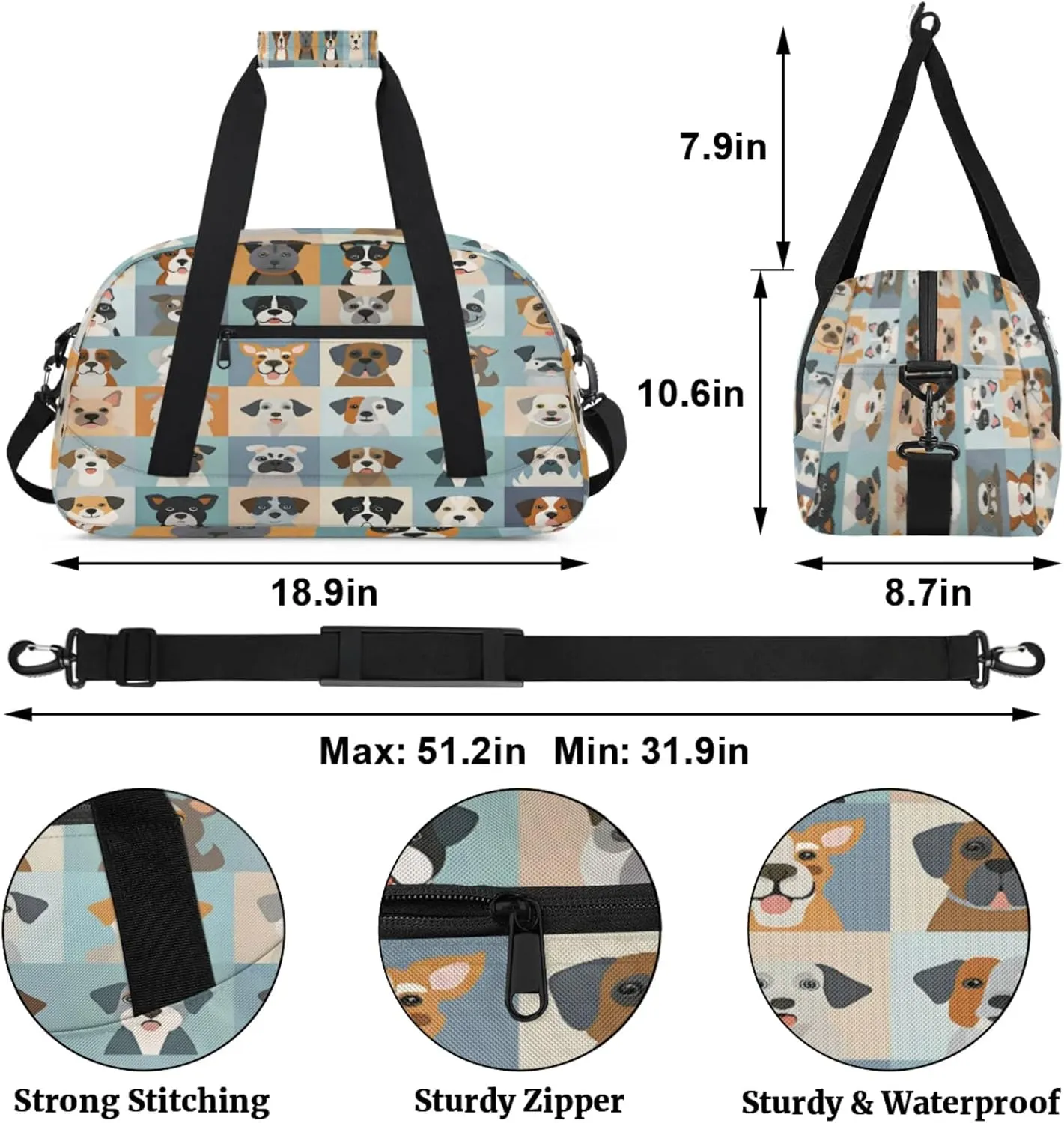 Cute Animal Dogs Puppy Gym Bag for Women Men, Sports Travel Duffel Bag Lightweight Workout Bag Carry On Overnight Weekender Bag