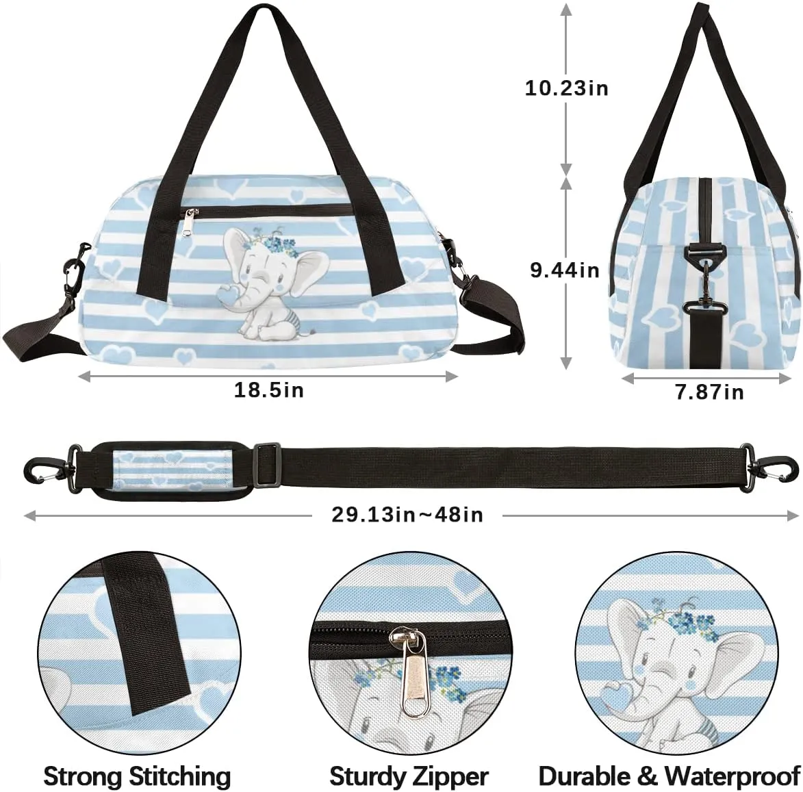 Cute Baby Elephant Kids Duffel Bag for Girls Boys Teens, Love Streaks Dance Bag Overnight Small Duffel Bag Carry On Weekend Sports Gym Travel Bag for School Practice Gymnastics Ballet