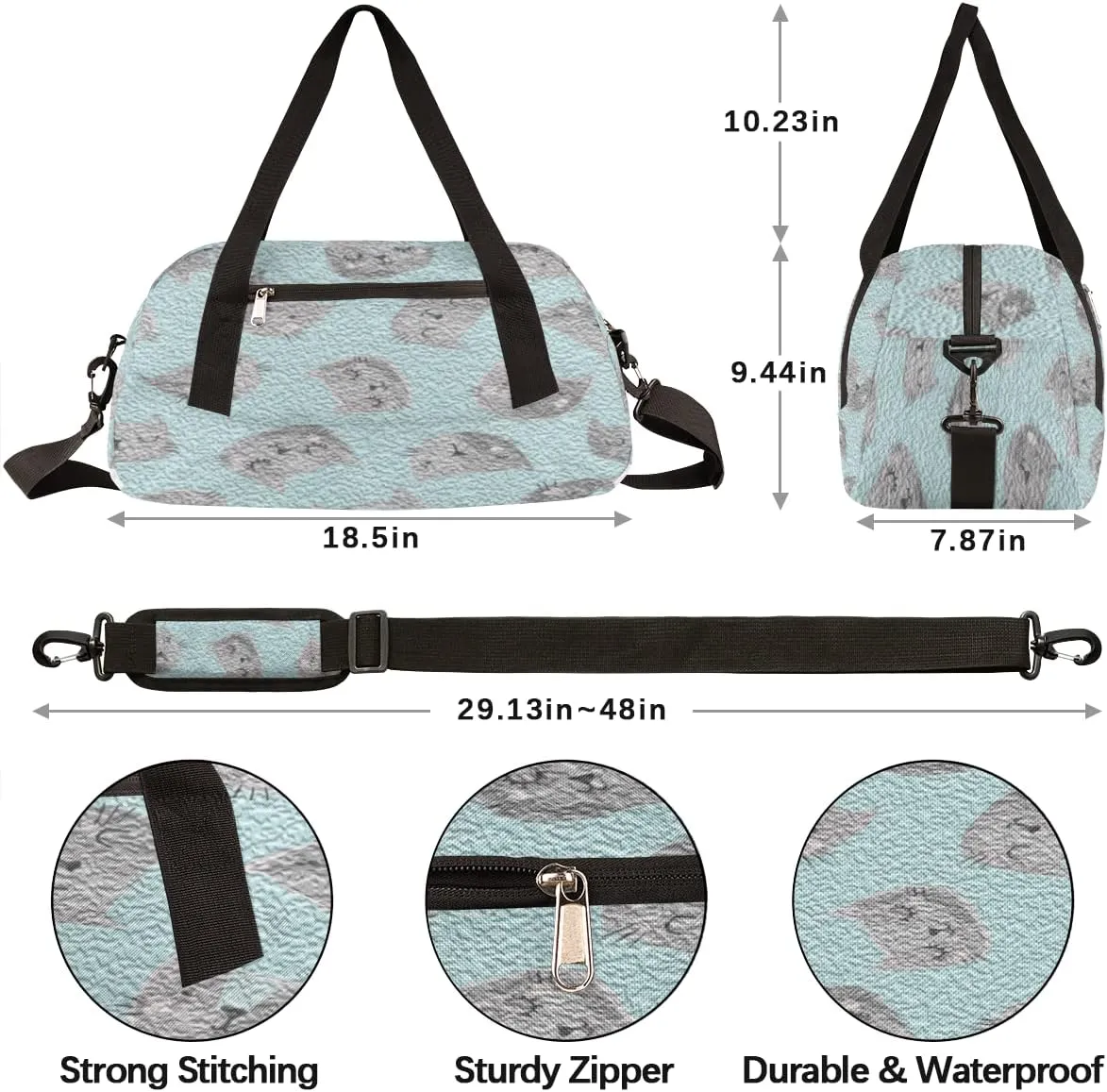 Cute Grey Cat Kids Duffel Bag for Girls Boys Teens, Cat Oil Painting Dance Bag Overnight Small Duffel Bag Carry On Weekend Sports Gym Travel Bag for School Practice Gymnastics Ballet
