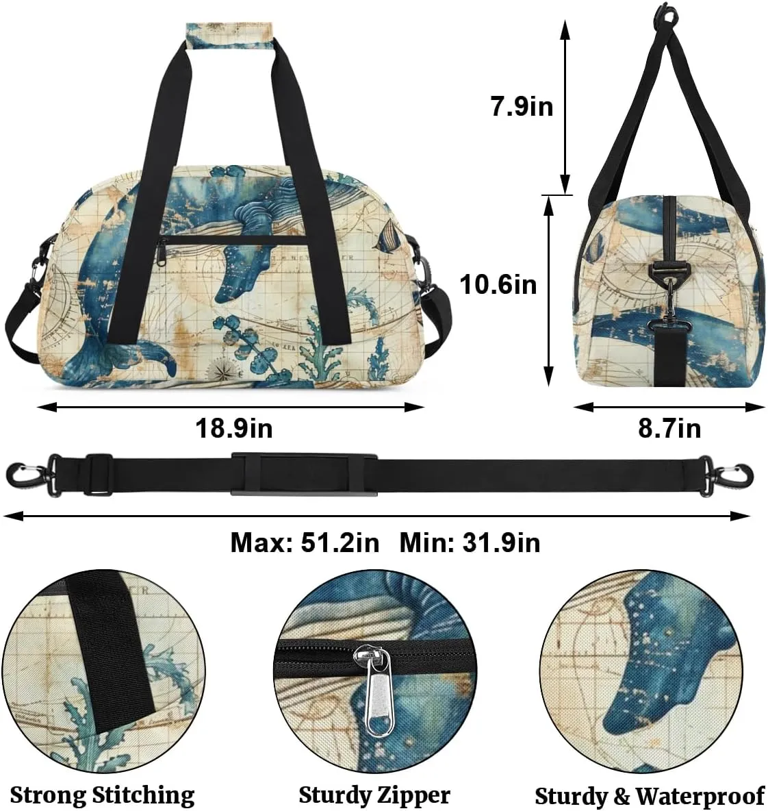 Cute Whales Pattern Gym Bag Sports Duffle Bag Weekend Sleepover Duffel Bags Small Travel Tote for Overnight Workout Gymnastics Dance Ballet