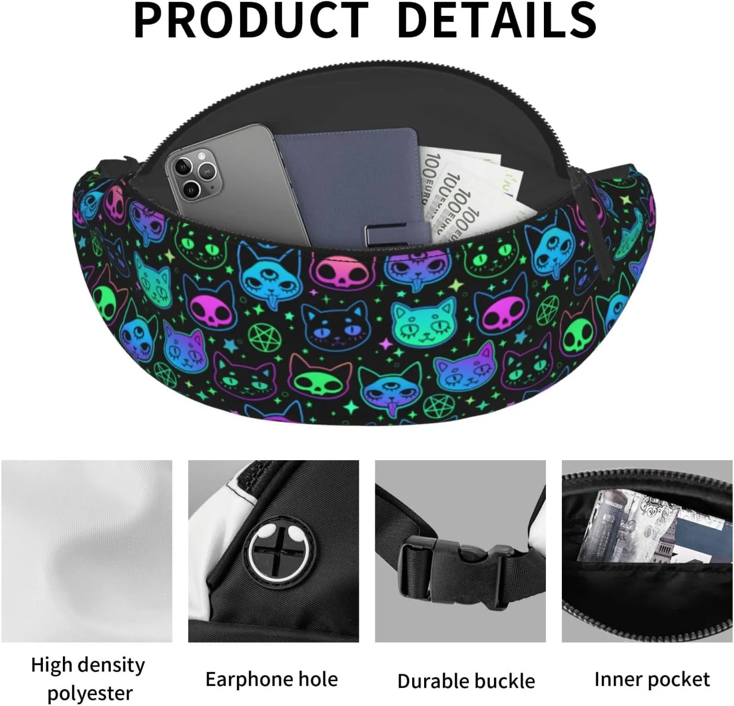 cute witchcraft witch cat bright Fashion casual fanny pack waist bag men women adjustable belt waist bag for travel hiking cycling running festival carnival