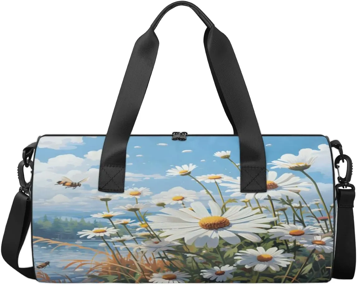 Daisies And Bees Sports Duffel Bag with Shoulder Strap, Large Capacity Gym Bag with Shoe Compartment, Water Resistant Travel Duffle Bag for Men Women Travel, Sports (17.6x9x9 Inch)