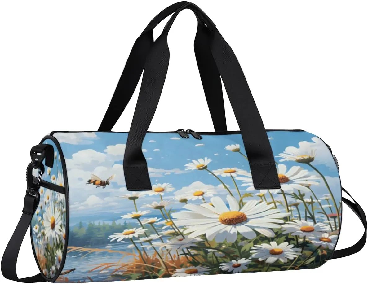 Daisies And Bees Sports Duffel Bag with Shoulder Strap, Large Capacity Gym Bag with Shoe Compartment, Water Resistant Travel Duffle Bag for Men Women Travel, Sports (17.6x9x9 Inch)