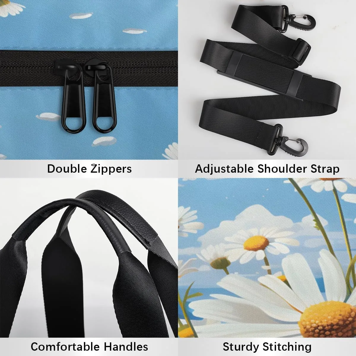 Daisies And Bees Sports Duffel Bag with Shoulder Strap, Large Capacity Gym Bag with Shoe Compartment, Water Resistant Travel Duffle Bag for Men Women Travel, Sports (17.6x9x9 Inch)