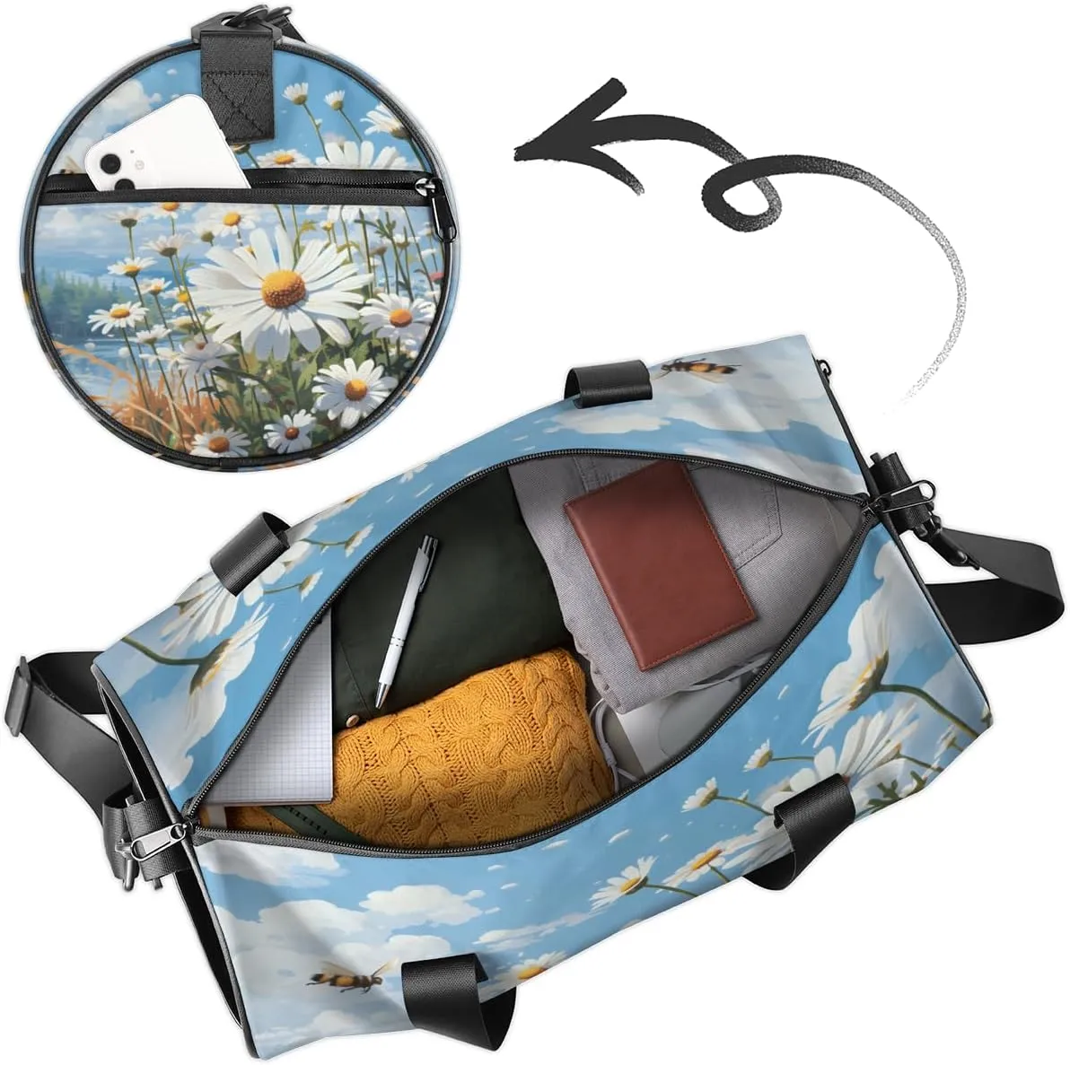 Daisies And Bees Sports Duffel Bag with Shoulder Strap, Large Capacity Gym Bag with Shoe Compartment, Water Resistant Travel Duffle Bag for Men Women Travel, Sports (17.6x9x9 Inch)