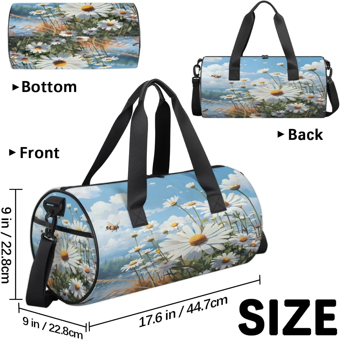 Daisies And Bees Sports Duffel Bag with Shoulder Strap, Large Capacity Gym Bag with Shoe Compartment, Water Resistant Travel Duffle Bag for Men Women Travel, Sports (17.6x9x9 Inch)