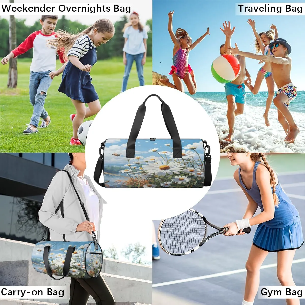 Daisies And Bees Sports Duffel Bag with Shoulder Strap, Large Capacity Gym Bag with Shoe Compartment, Water Resistant Travel Duffle Bag for Men Women Travel, Sports (17.6x9x9 Inch)