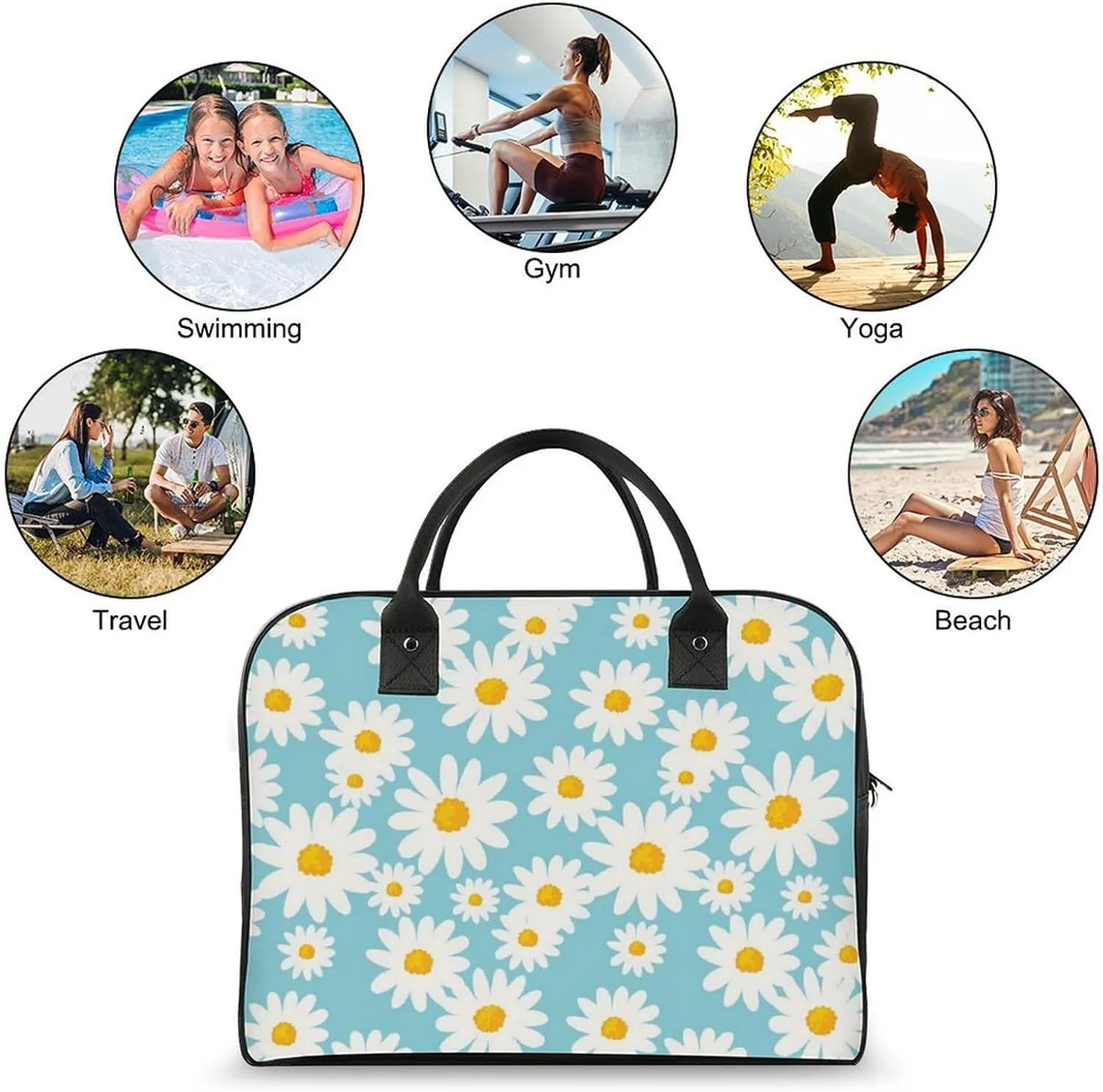 Daisy Flower Blue Travel Handbag with A Large Capacity Design That Can Be Reused