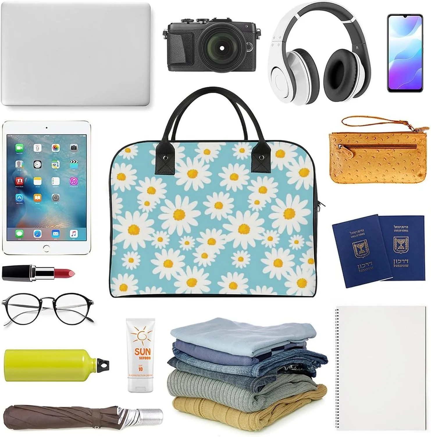 Daisy Flower Blue Travel Handbag with A Large Capacity Design That Can Be Reused