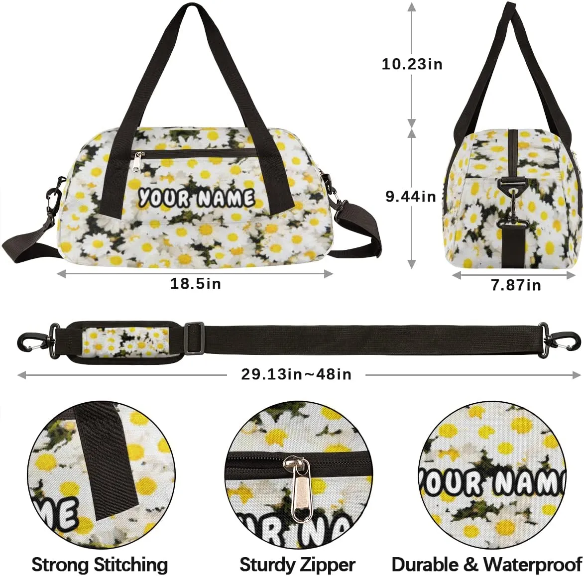 Daisy Personalized Kids Duffel Bag for Girls Boys, Daisy Debris Custom Dance Bag Overnight Small Duffel Bag Carry On Weekend Sports Travel Bag for School Practice Gymnastics Ballet