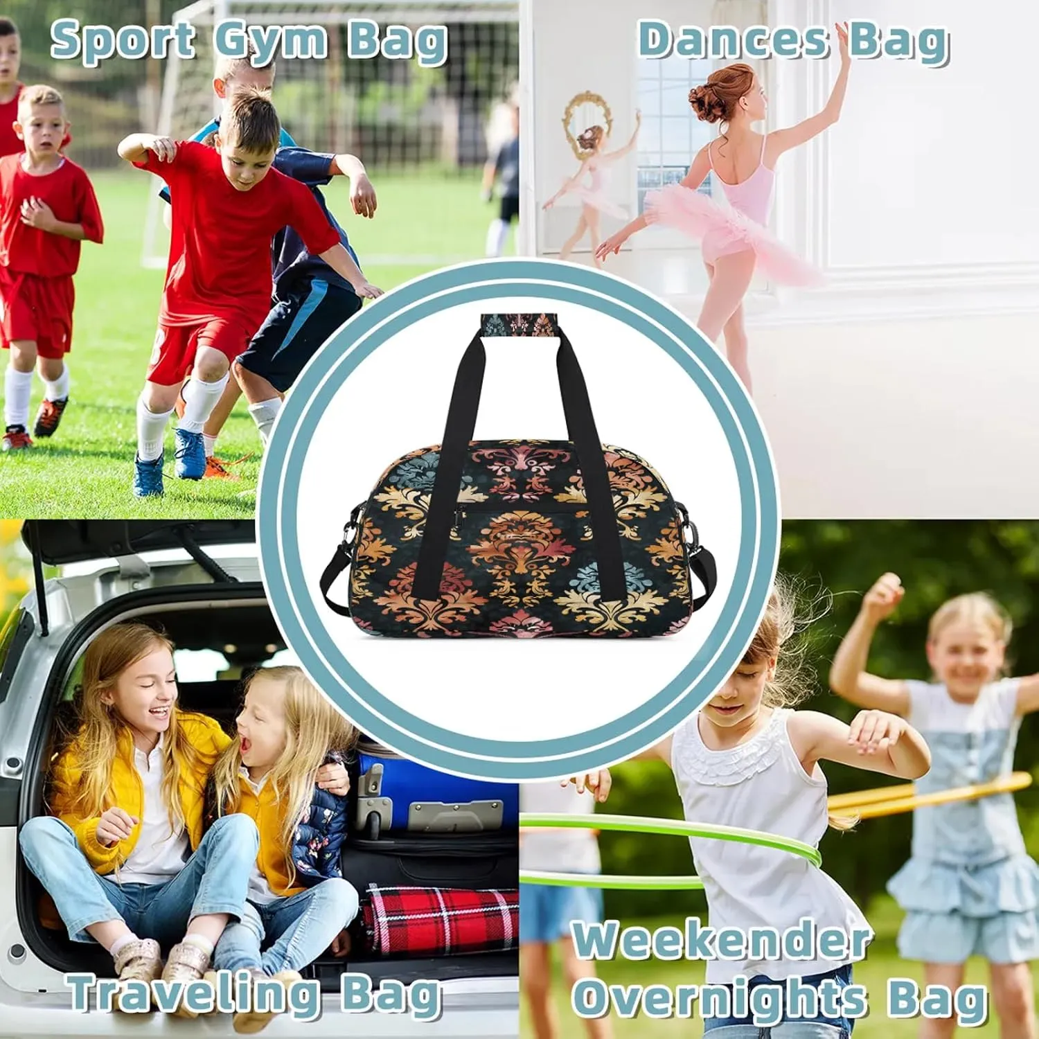 Damask Floral Boho Paisley Small Gym Bag 18 inch Carry On Duffel Bag for Weekender Travel Sports Workout Yoga Gymnastics Dance Ballet
