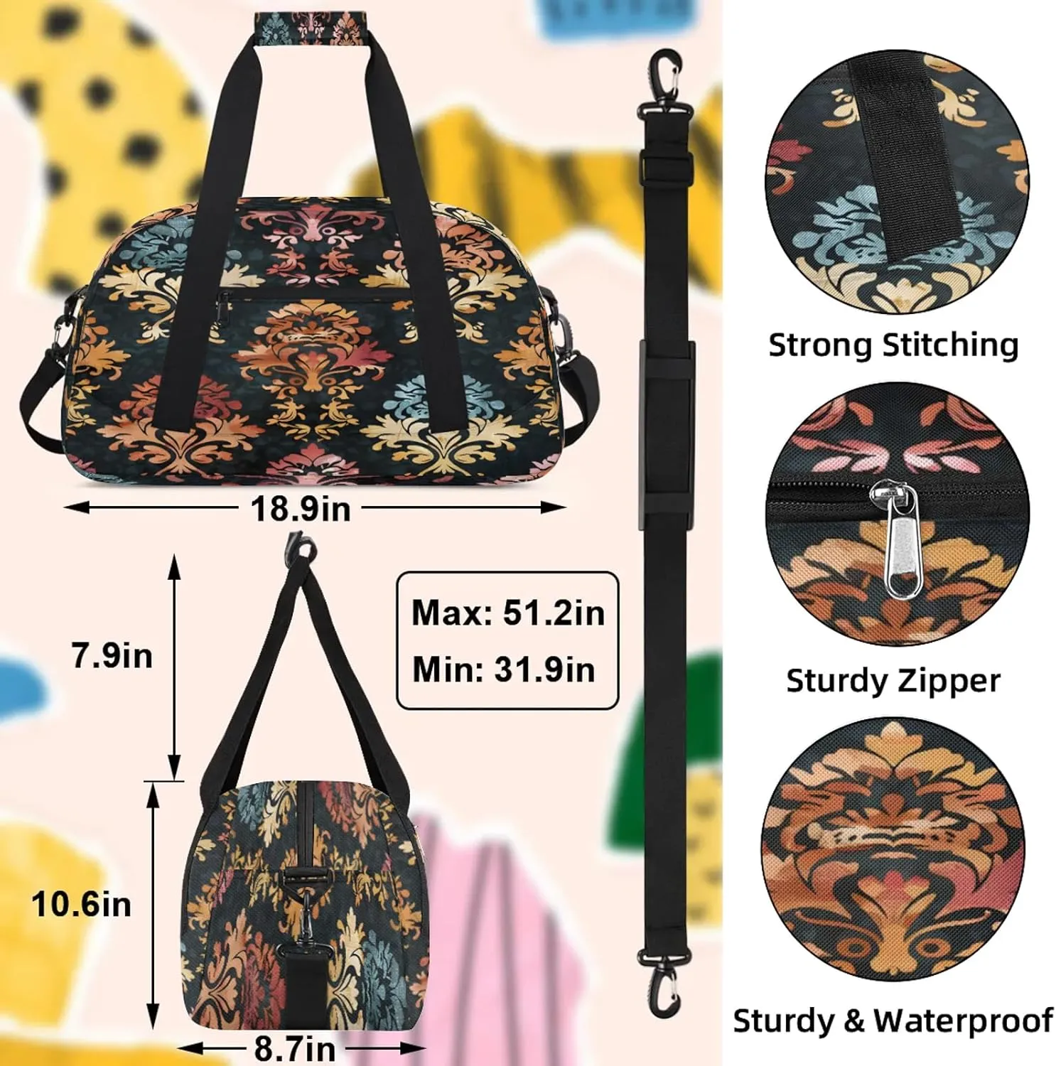 Damask Floral Boho Paisley Small Gym Bag 18 inch Carry On Duffel Bag for Weekender Travel Sports Workout Yoga Gymnastics Dance Ballet
