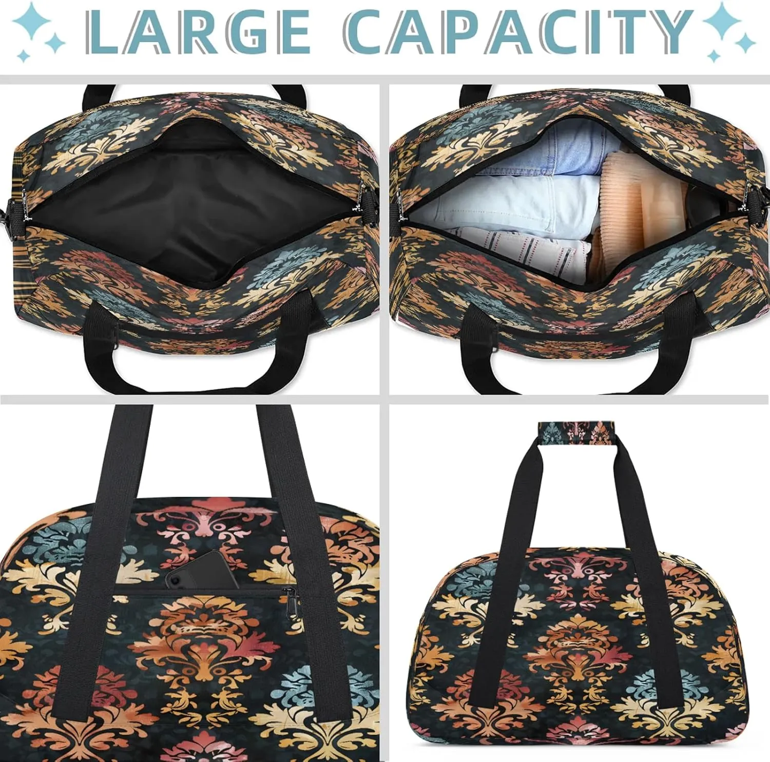 Damask Floral Boho Paisley Small Gym Bag 18 inch Carry On Duffel Bag for Weekender Travel Sports Workout Yoga Gymnastics Dance Ballet