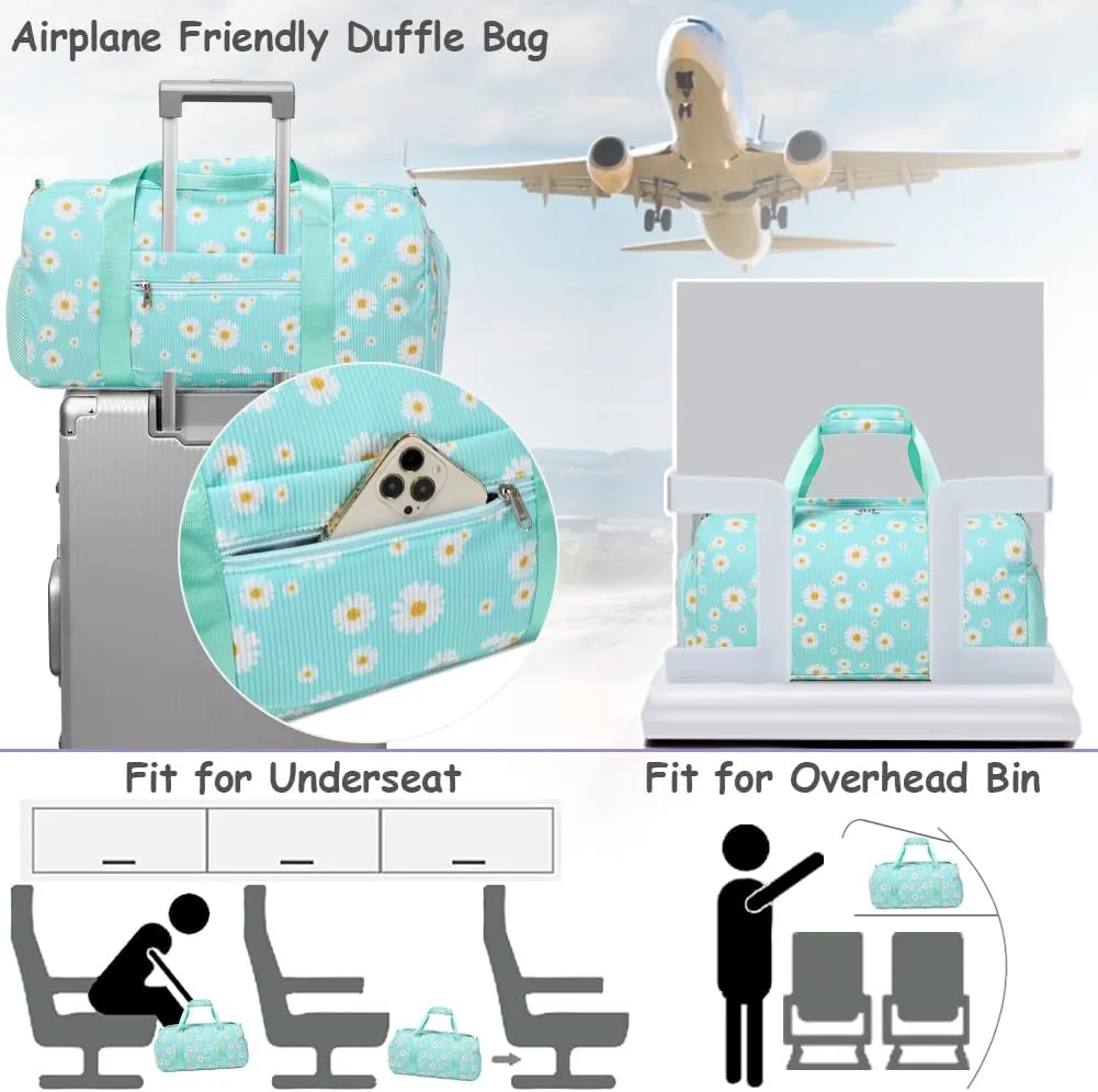 Dance Bag for Girls Gym Bag Sports Duffle Bag with Shoes Compartment Wet Pocket Weekender Overnight Bag for Girls Women Teens Corduroy Daisy Travel Duffle Bag