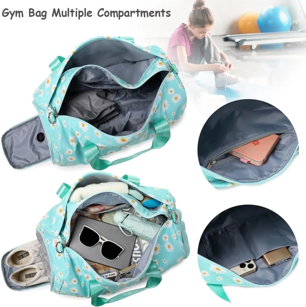 Dance Bag for Girls Gym Bag Sports Duffle Bag with Shoes Compartment Wet Pocket Weekender Overnight Bag for Girls Women Teens Corduroy Daisy Travel Duffle Bag