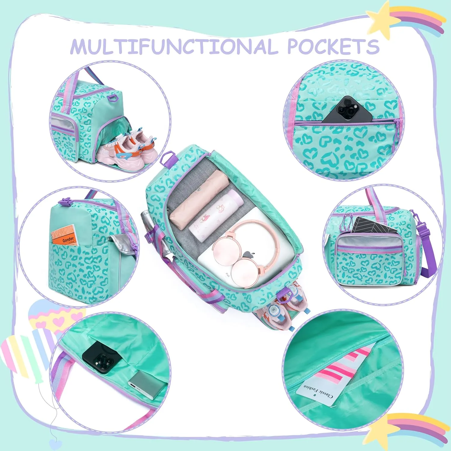 Dance Bag for Girls Overnight Bag Kids Duffle Bag Girls Kids Travel Bag with Toiletry Bag Girls Weekender Bag Gym Sports Bag with Shoes Compartment