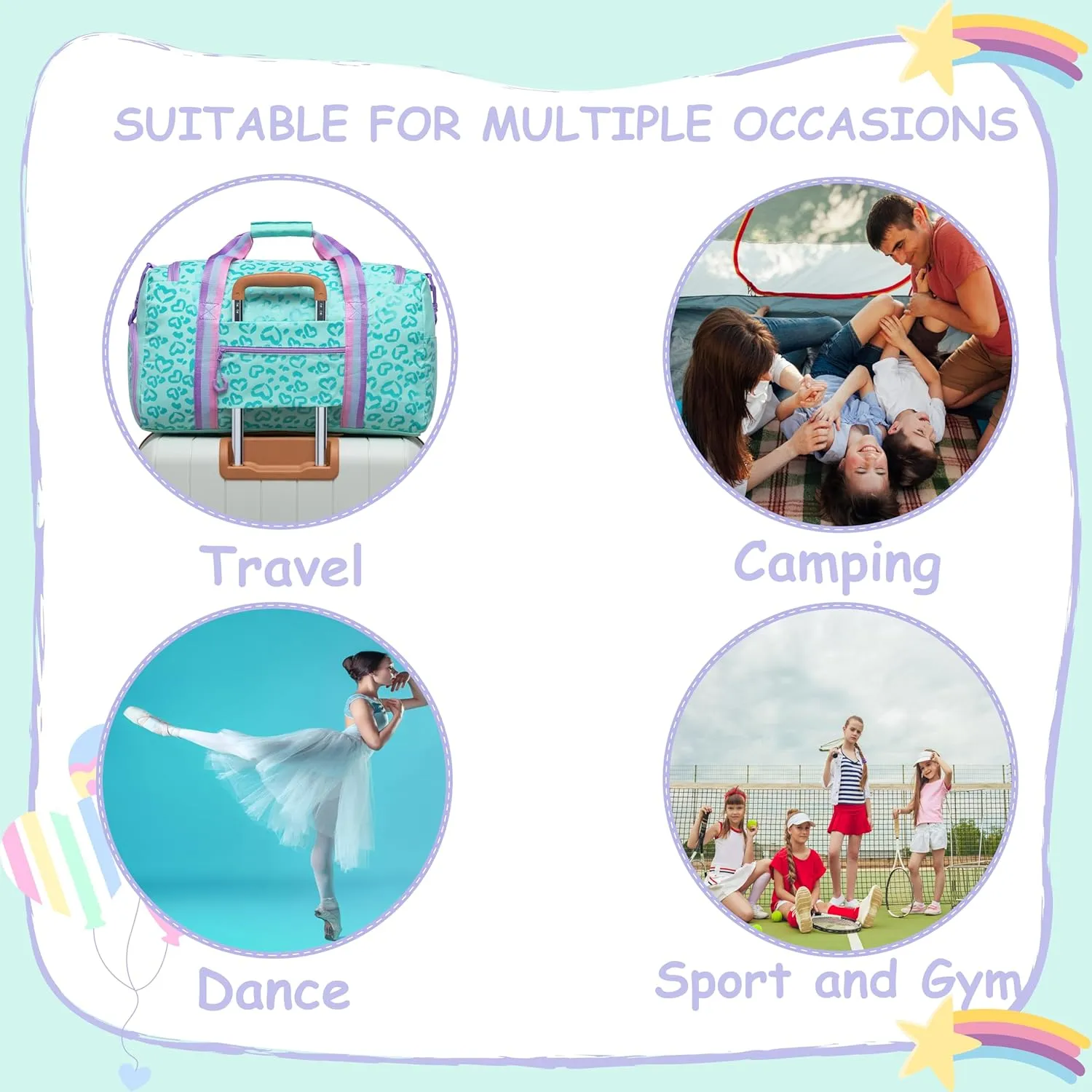 Dance Bag for Girls Overnight Bag Kids Duffle Bag Girls Kids Travel Bag with Toiletry Bag Girls Weekender Bag Gym Sports Bag with Shoes Compartment