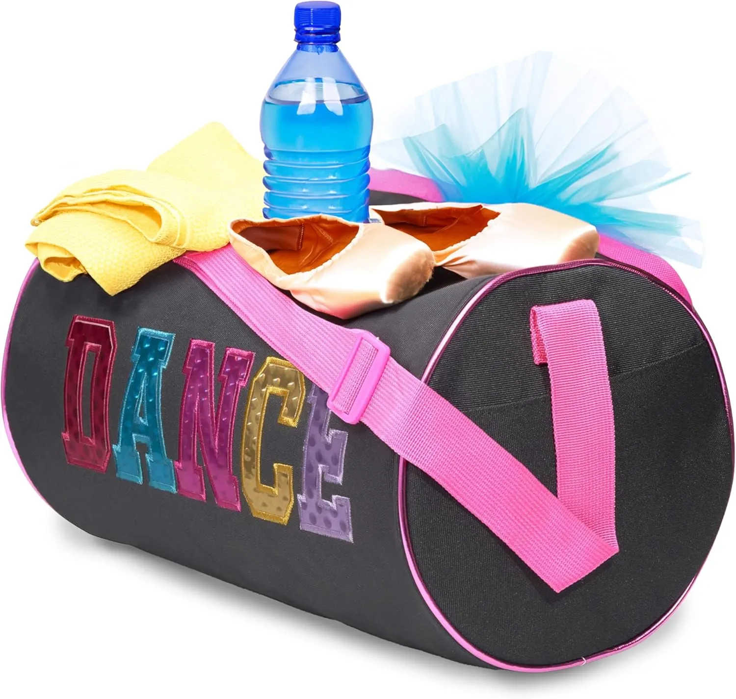 Dance Duffle Bag for Girls, Water-resistant Kids Travel Bag with Adjustable Carry On and Handy Pouch, Dance Accessories For Girls (Black/Multi) One Size