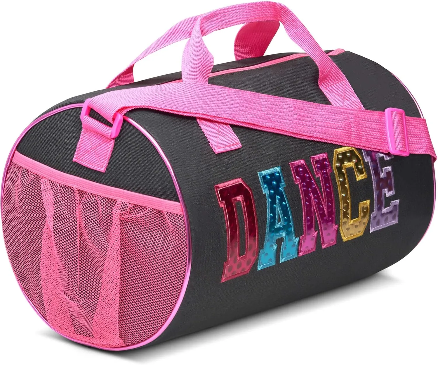 Dance Duffle Bag for Girls, Water-resistant Kids Travel Bag with Adjustable Carry On and Handy Pouch, Dance Accessories For Girls (Black/Multi) One Size