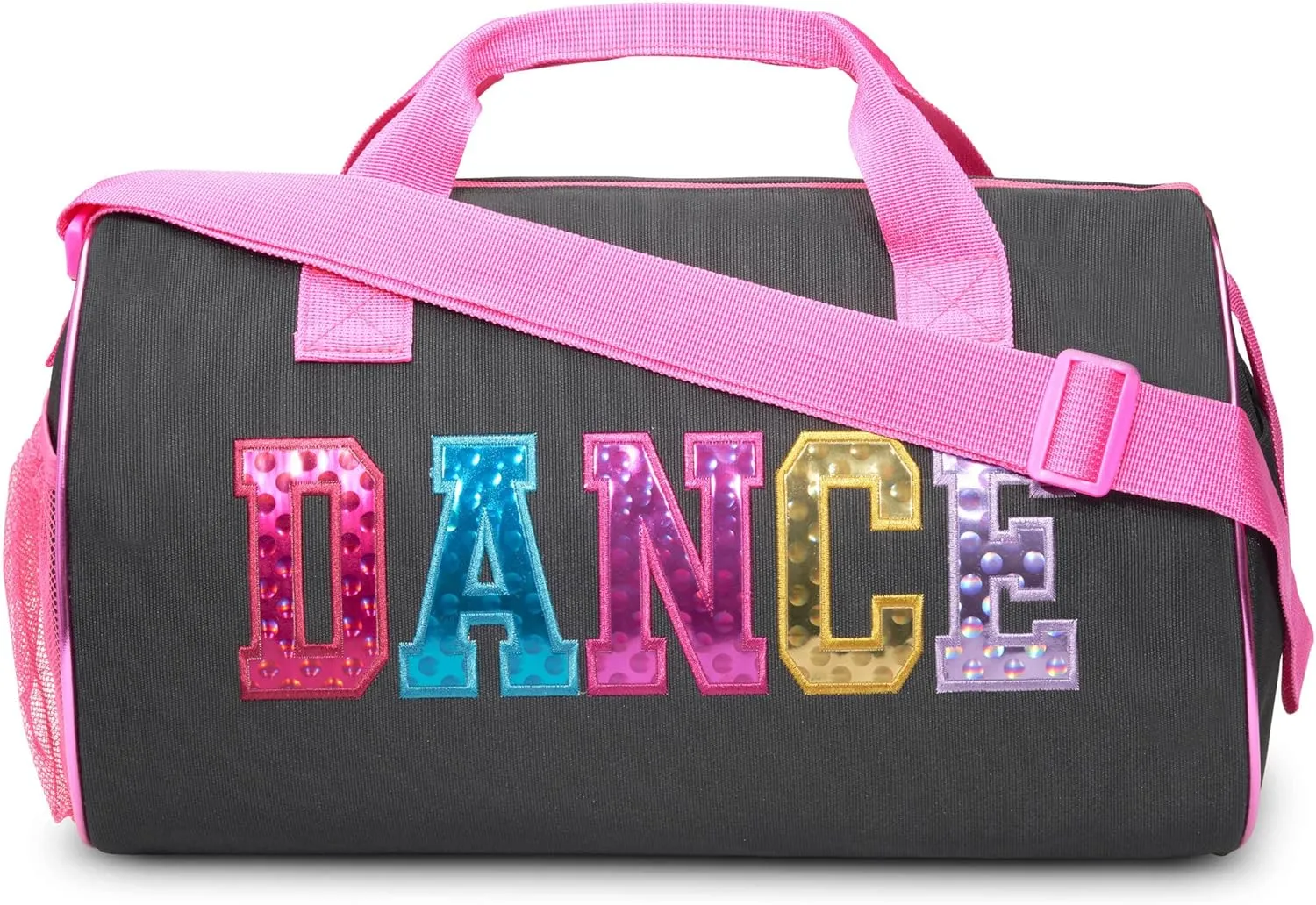Dance Duffle Bag for Girls, Water-resistant Kids Travel Bag with Adjustable Carry On and Handy Pouch, Dance Accessories For Girls (Black/Multi) One Size