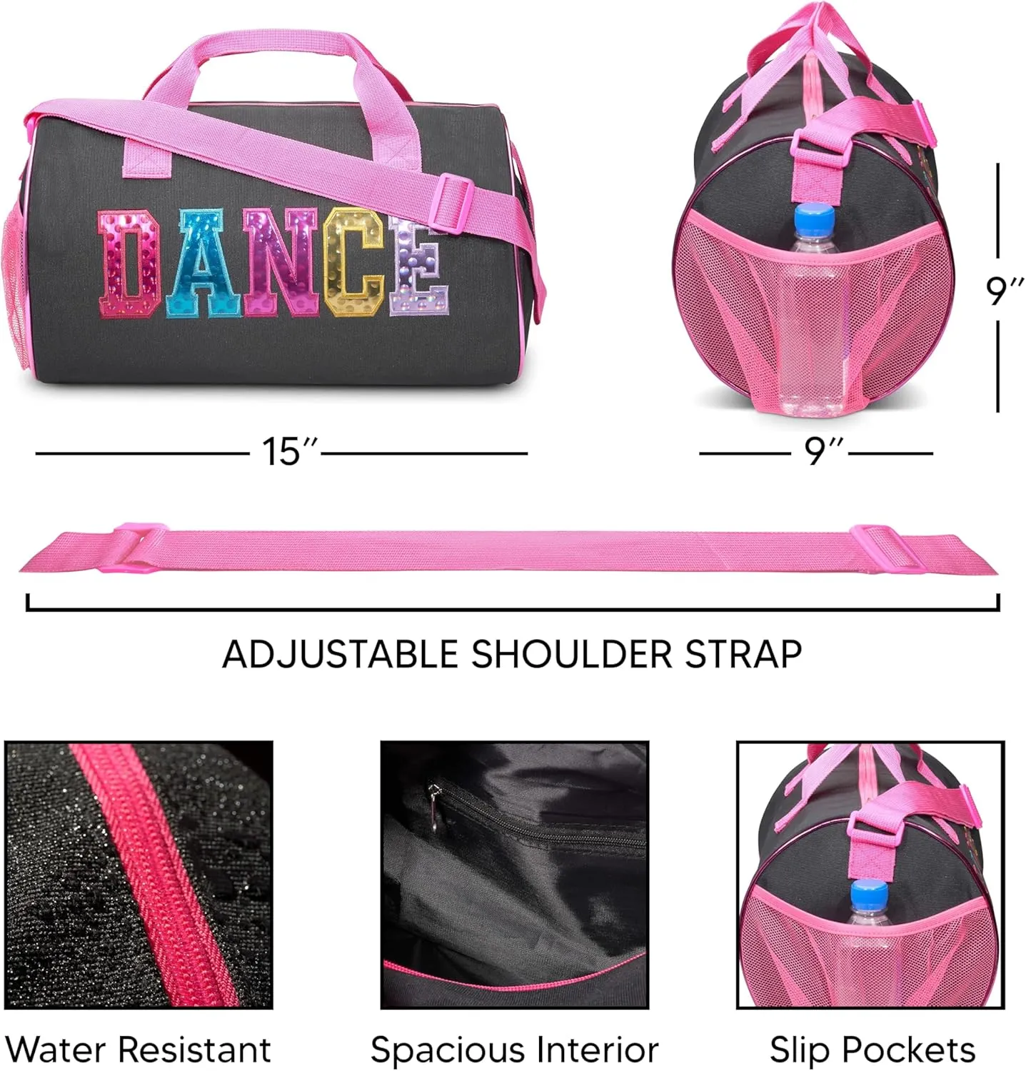 Dance Duffle Bag for Girls, Water-resistant Kids Travel Bag with Adjustable Carry On and Handy Pouch, Dance Accessories For Girls (Black/Multi) One Size