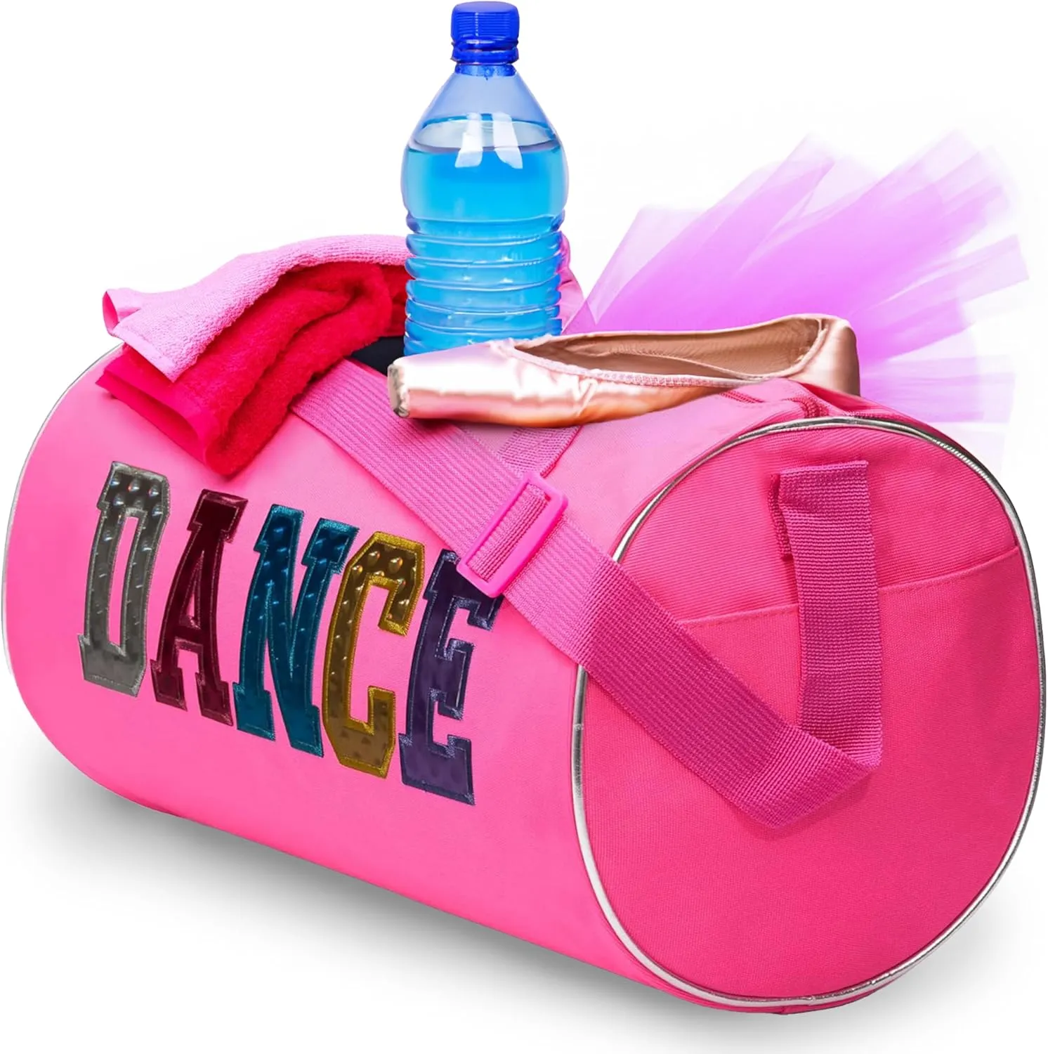 Dance Duffle Bag for Girls, Water-resistant Kids Travel Bag with Adjustable Carry On and Handy Pouch, Dance Accessories For Girls (Fuchsia/Multi)