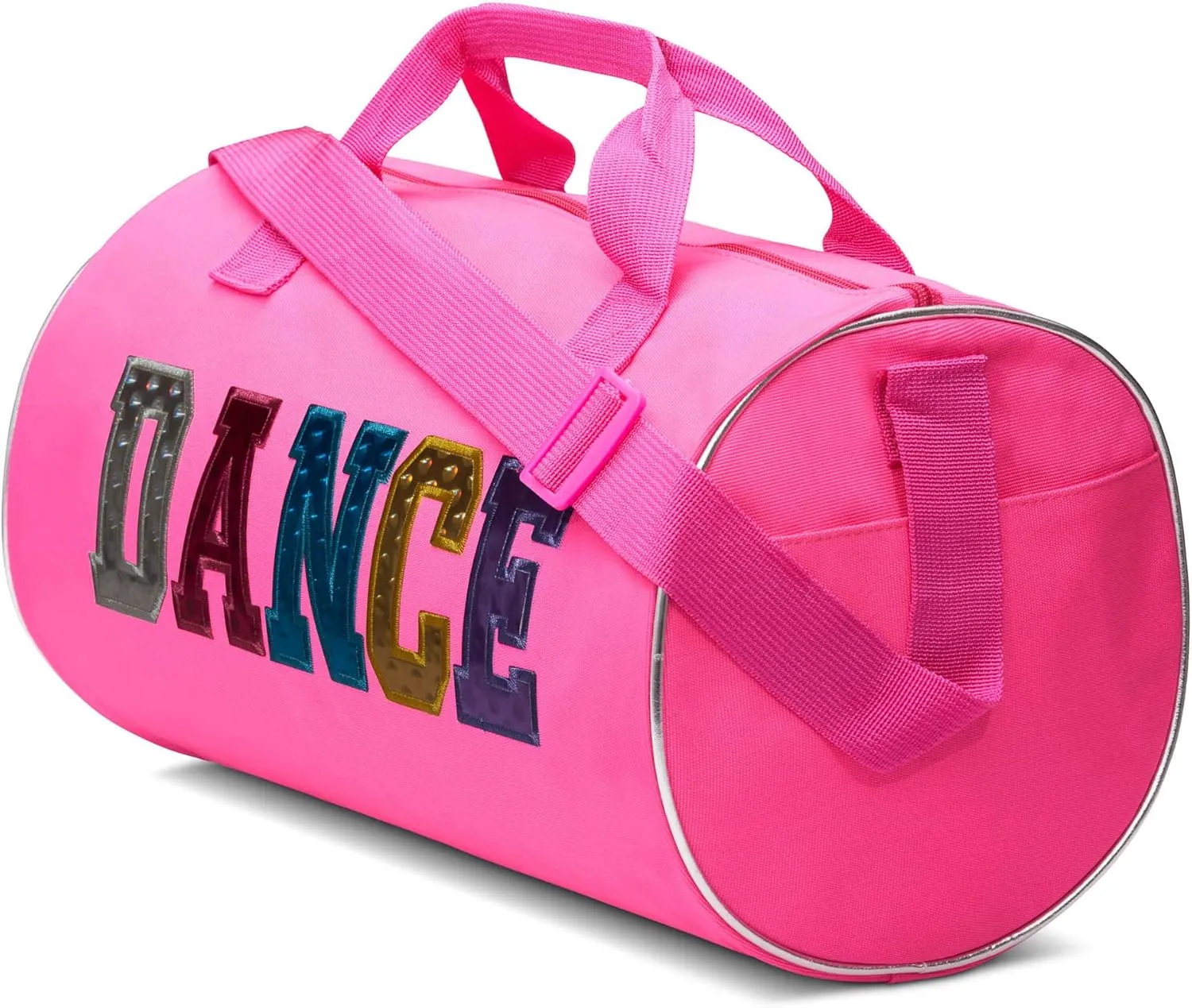 Dance Duffle Bag for Girls, Water-resistant Kids Travel Bag with Adjustable Carry On and Handy Pouch, Dance Accessories For Girls (Fuchsia/Multi)
