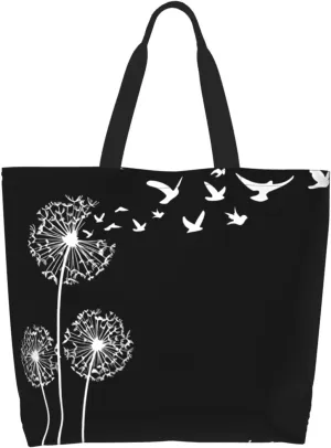 Dandelions Blow Into Birds Black Tote Bag Shopping Bag Portable Handbags Tote Shoulder Bucket Bags for Women 19.7x15.7