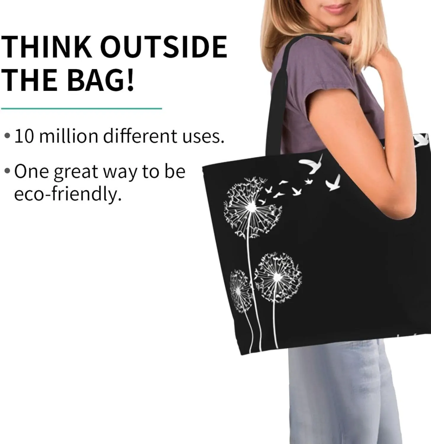 Dandelions Blow Into Birds Black Tote Bag Shopping Bag Portable Handbags Tote Shoulder Bucket Bags for Women 19.7x15.7