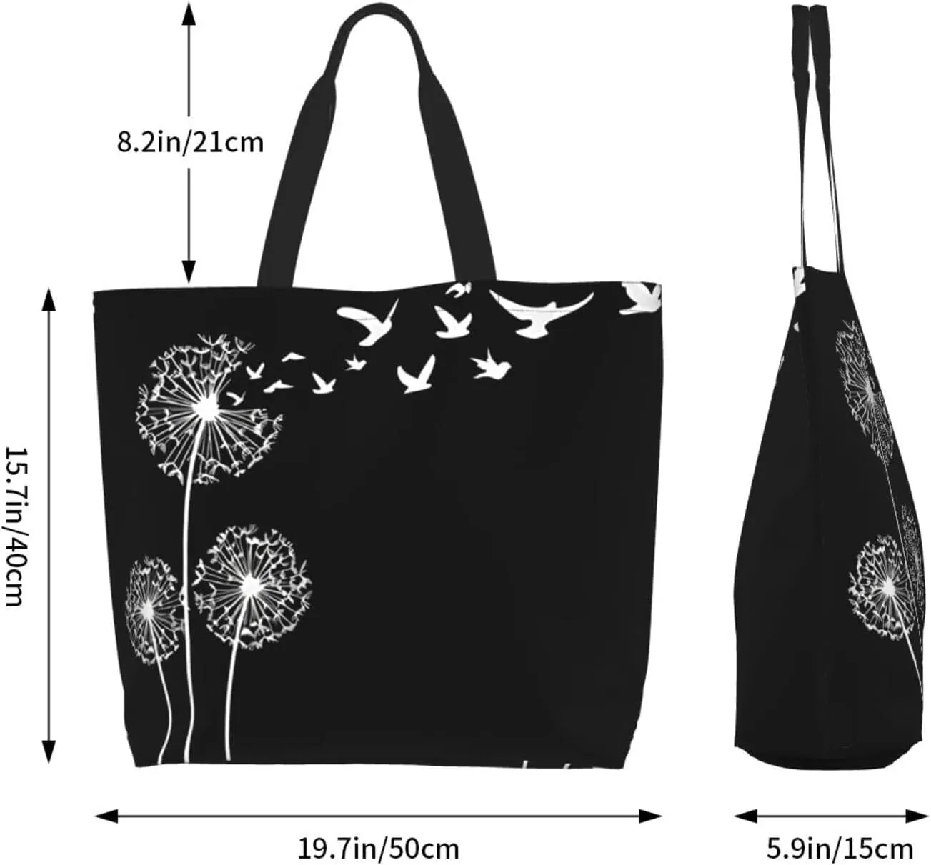 Dandelions Blow Into Birds Black Tote Bag Shopping Bag Portable Handbags Tote Shoulder Bucket Bags for Women 19.7x15.7