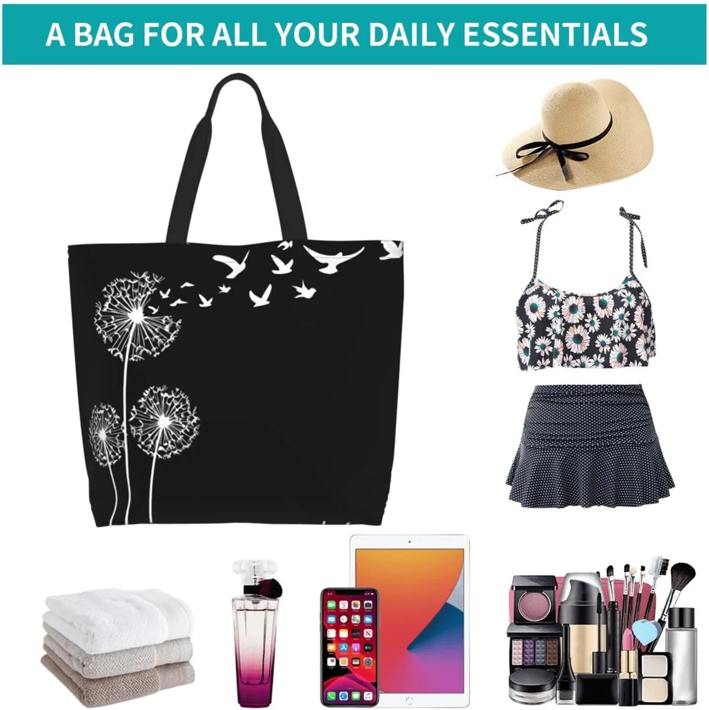 Dandelions Blow Into Birds Black Tote Bag Shopping Bag Portable Handbags Tote Shoulder Bucket Bags for Women 19.7x15.7