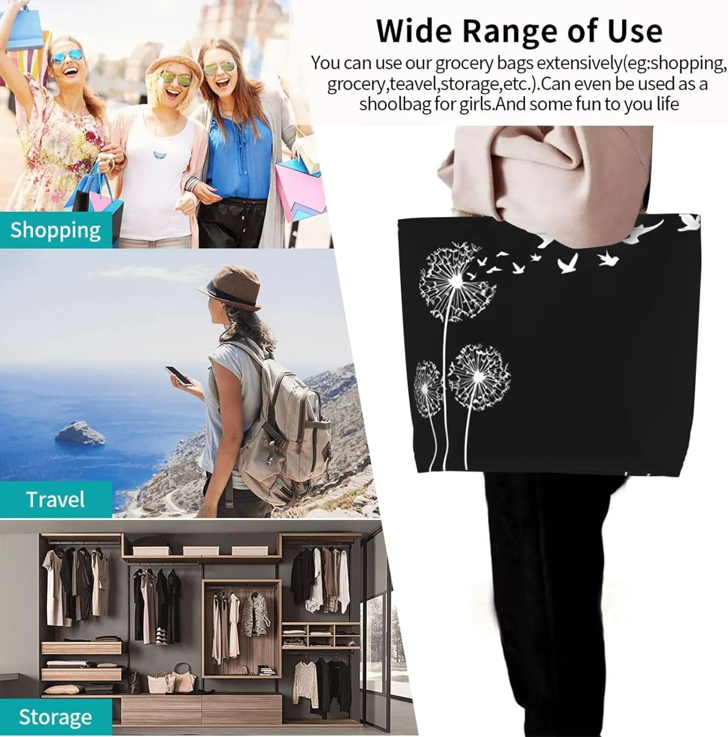 Dandelions Blow Into Birds Black Tote Bag Shopping Bag Portable Handbags Tote Shoulder Bucket Bags for Women 19.7x15.7