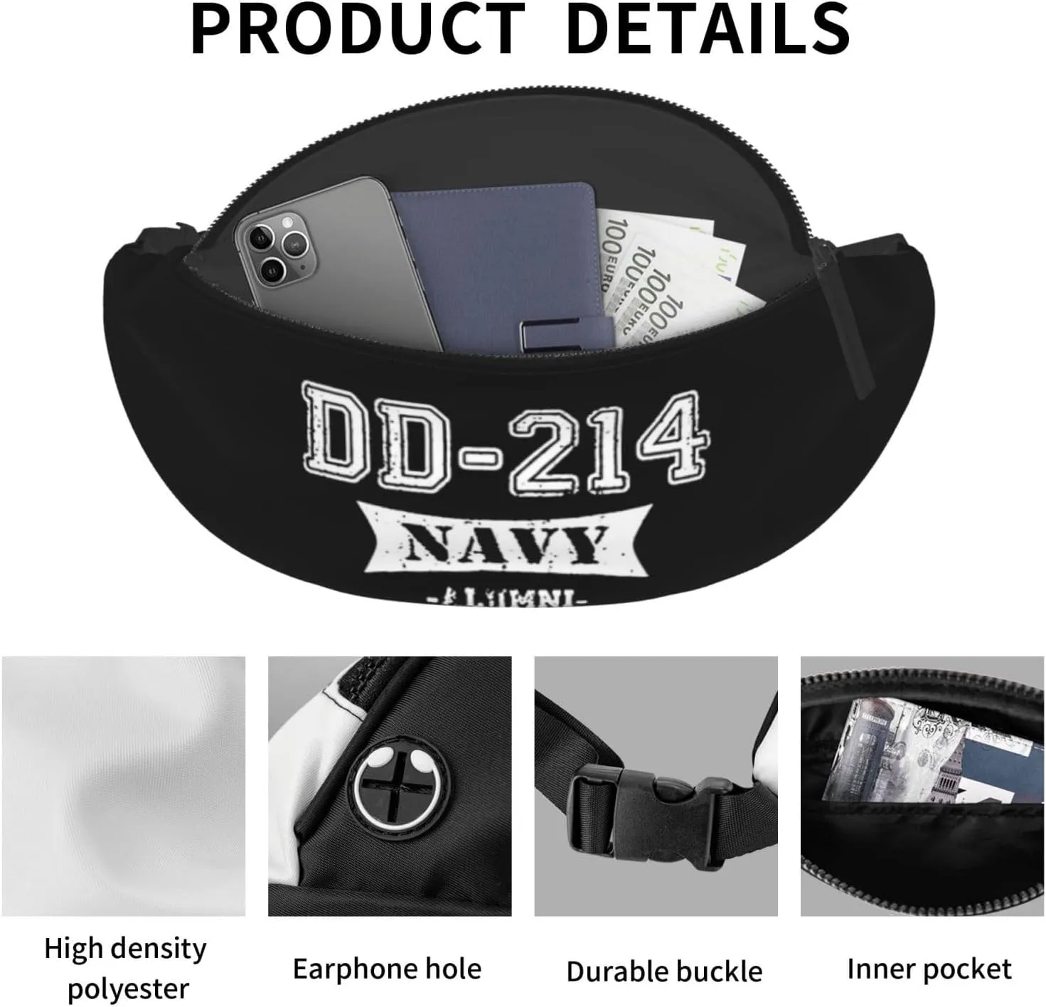 Dd-214 Navy Alumni Unisex Leisure Waist Bag Outdoor Sports Running Waist Bag Business Travel Mobile Phone Bag